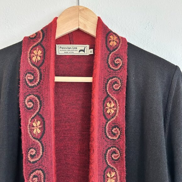 Peruvian Link Sweater M Black Red Alpaca Embroidered Open Cardigan Duster - Picture 2 of 12